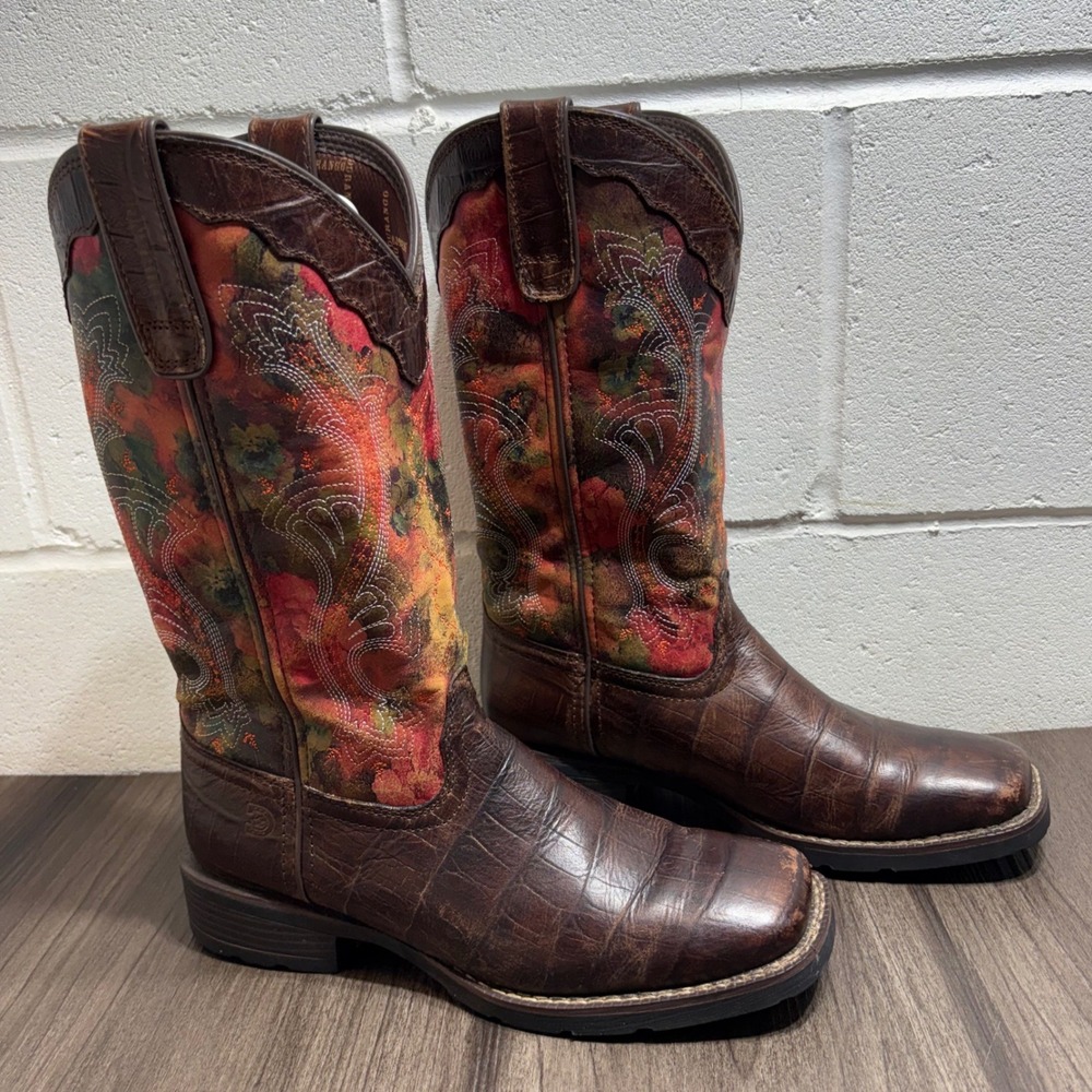 Durango Western Boots Women's 7.5M Brown Floral Faux Gator Square Toe DRD0226
